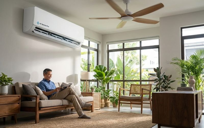 Ceiling fan running alongside aircond for enhanced cooling effect