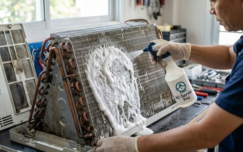 Chemical solution being applied to dirty aircond coils during deep cleaning