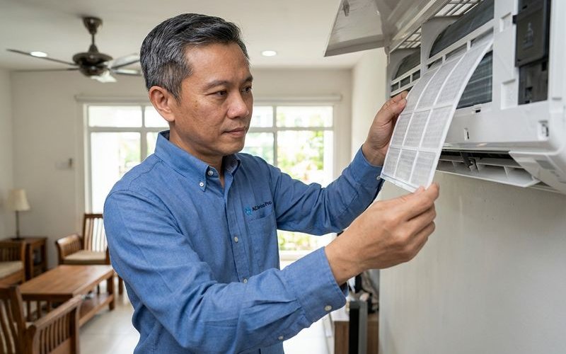 Clean aircond filter being put back into the indoor unit