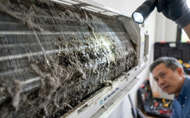 Dirty aircond evaporator coils showing thick dust and grime buildup that restricts airflow