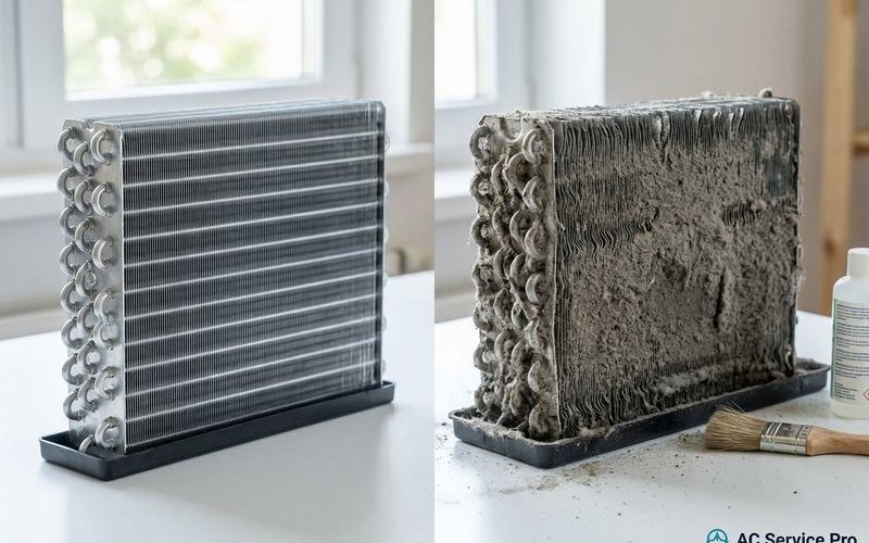 Comparison showing clean versus dirty aircond coils - the difference regular chemical wash makes