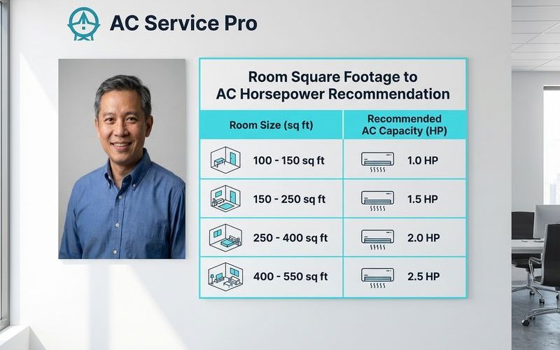 Room size to AC HP chart showing recommended horsepower for different areas