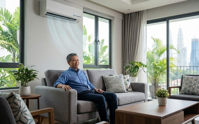 Properly sized wall mounted aircond cooling a comfortable living room