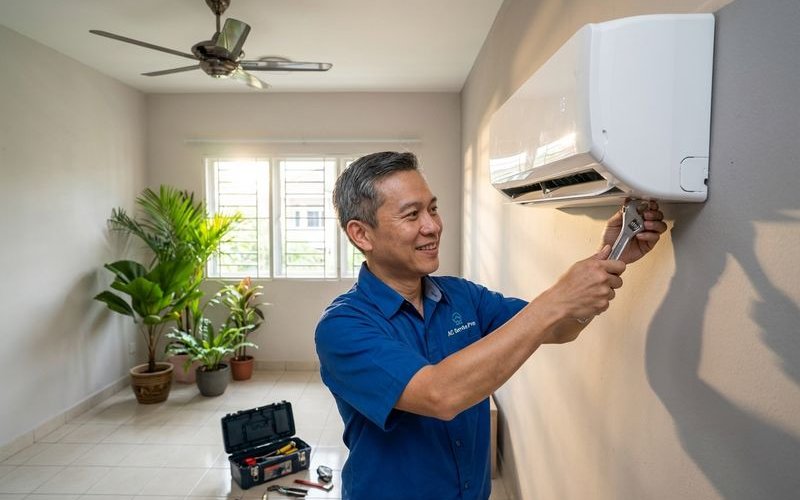 Modern inverter aircond being installed by professional technician