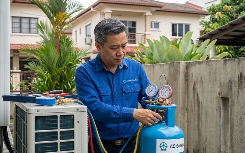 Refrigerant gas cylinder connected to aircond for top-up service