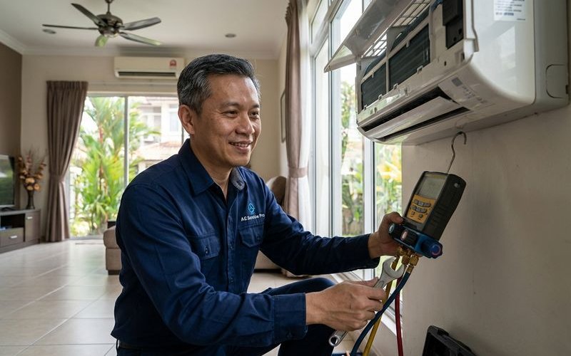 Professional AC technician working on complex repair with proper tools
