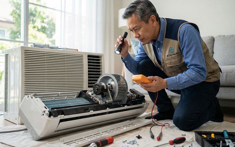 Technician inspecting aircond fan motor for noise issues